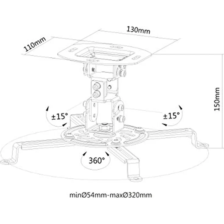 conecto CC50280 Deckenhalterung für Beamer, neigbar -15° bis +15°, schwenkbar 360°, drehbar 360°, Deckenabstand 150mm, Traglast max. 13,5kg, universeller Montagebereich 54-320 mm, weiß – Bild 5