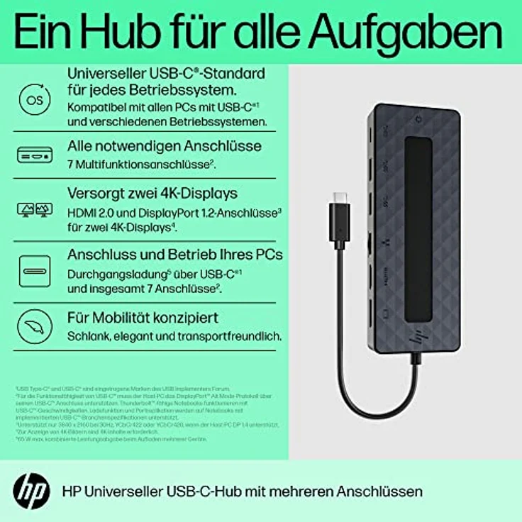 HP USB-C-Multiport-Hub 7-in-1, 1x HDMI 2.0, 1 x DisplayPort 1.2, 2 x USB-A, 1 x USB-C, 1 x USB-C -Passthrough, 1 x Ethernet, Schwarz, für Windows, macOS und Chrome OS geeignet – Bild 2