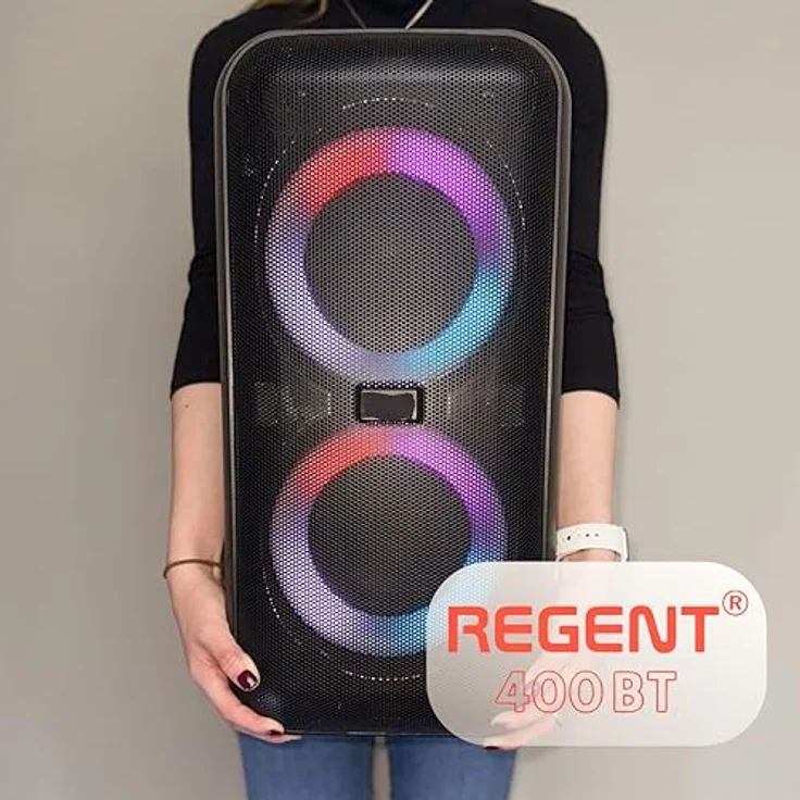 Ferguson Regent 400BT, Bluetooth Lautsprecher 60W mit FM-Radio, Mikrofon Karaoke, RGB-LED, tragbar mit Akku für Outdoor, HiFi-Sound, Bass Boost, Gitarreingang – Bild 2