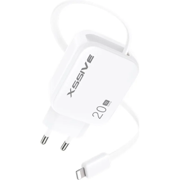 XSSIVE XSS-AC78L 20W PD GaN-Schnellladegerät mit einziehbarem 8-Pin-Kabel und Multi-Schutzsystem, kompakt für Reisen