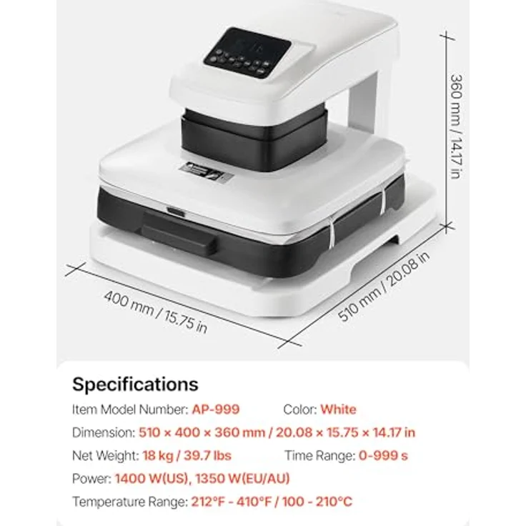 VEVOR automatische Hitzepresse AP-999, 38 x 38 cm T-Shirt-Presse mit digitaler Anzeige, automatischer Freigabe und einstellbarem Druck, Weiß – Bild 7
