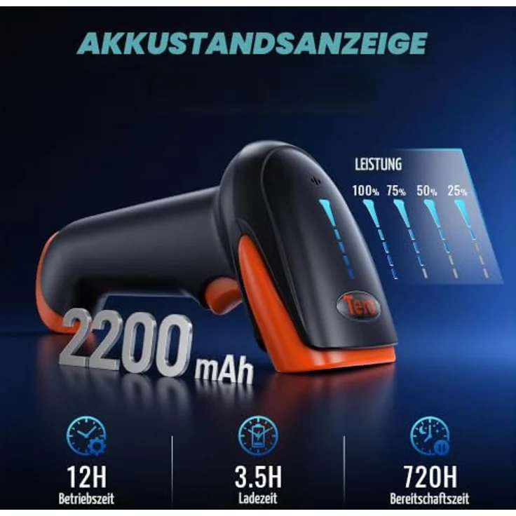 Tera Barcode Scanner HW0002, 2D/1D 3-in-1, Wireless 2.4 GHz/Bluetooth/USB, 2000mAh Akku, Anti-Schock-Silikon, orange – Bild 2