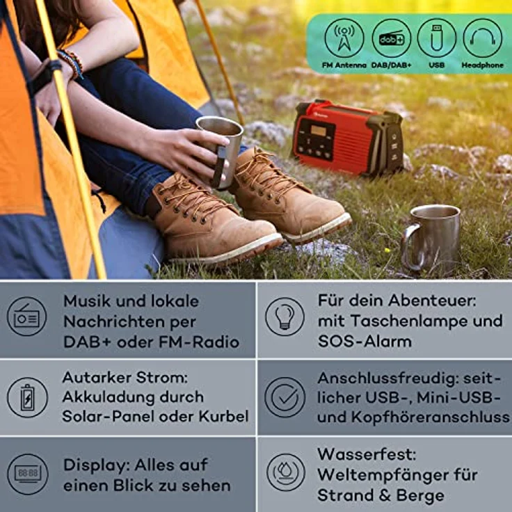 Auna Patagonia DAB+, Aufladbares DAB-Radio mit Bluetooth, LCD Display, Wecker, retro, mit Batterie und Netzstecker, USB & Streaming, 1W – Bild 2