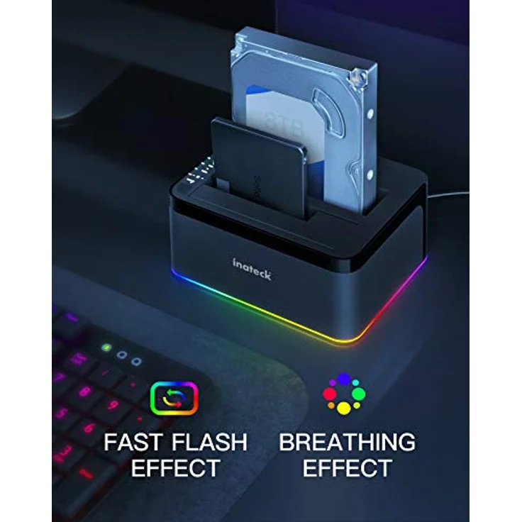 Inateck RGB Festplatten Dockingstation USB 3.0 mit Offline-Klonfunktion, für 2.5 u. 3.5 Zoll SATA HDDs und SSDs, UASP Unterstützt, Schwarz, LED-Effekt – Bild 2