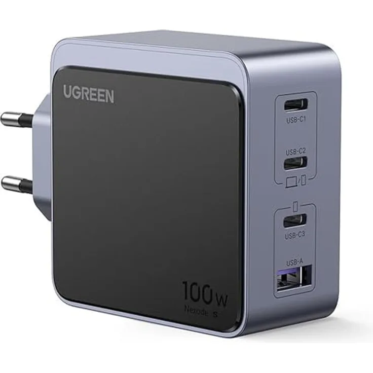 UGREEN Nexode S 100W 4-Port GaN Wall Charger, Kompaktladegerät mit 3 USB-C und 1 USB-A Port, Grau
