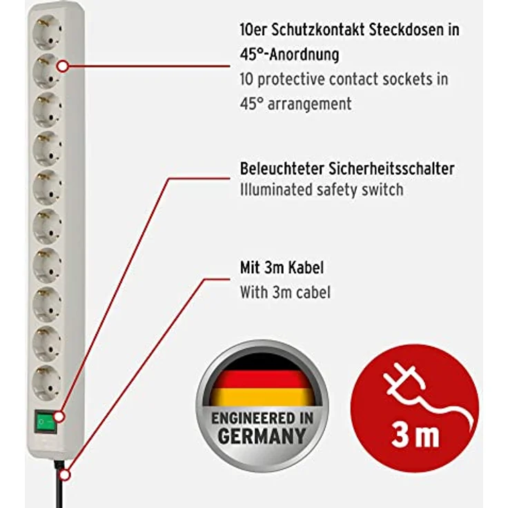 Brennenstuhl Steckdosenleiste 10-fach (Steckerleiste mit erhöhtem Berührungsschutz, Schalter und 3m Kabel) lichtgrau – Bild 2