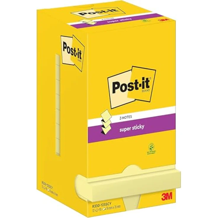 Post-it Super Sticky Z-Notes, Haftnotizblock 76 x 76 mm, gelb, 12x 90 Blatt, Z-Faltung für einfache Einzelblattentnahme – Bild 2