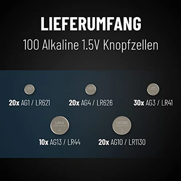 ABSINA 100er Pack Alkaline Knopfzellen Sortiment - 20x AG1, 30x AG3, 20x AG4, 20x AG10, 10x AG13, auslaufsicher, ideal für vielseitige Anwendungen – Bild 4
