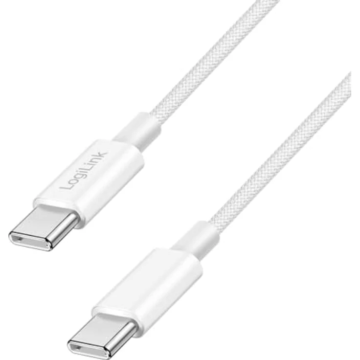 Logilink USB 2.0 Typ-C Anschlusskabel, C (Stecker) zu C (Stecker), 60W, Nylon-Ummantelung, Weiß, 1 m – Bild 1