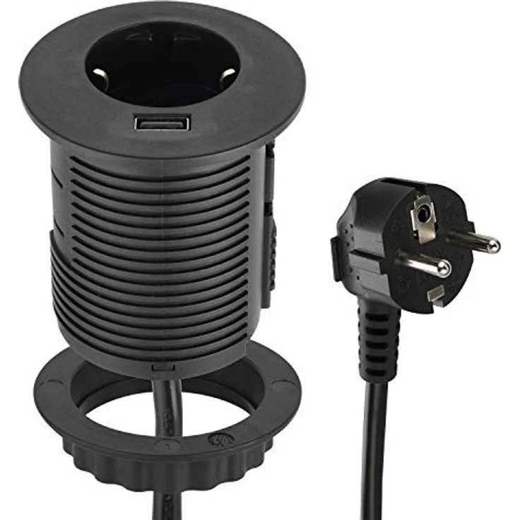 Electraline 62558 Tisch-Einbausteckdose Grommet mit USB Fast Charge 2A, Ø 60 mm, 2m Kabel, Schuko – Bild 1