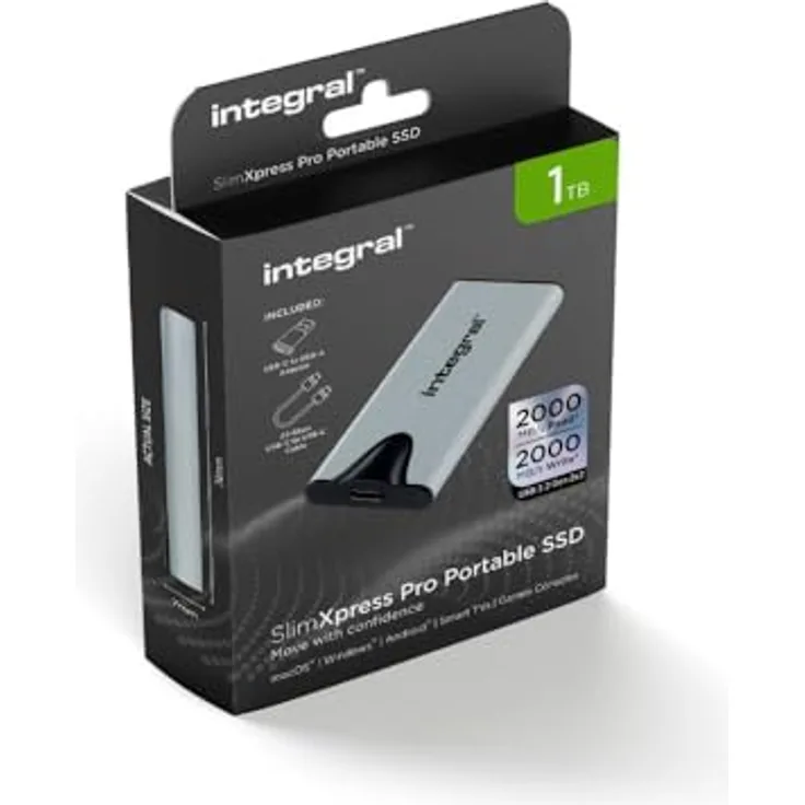 Integral SlimXpress Pro 1TB USB-C 3.2 Gen 2x2 Solid-State-Laufwerk – 2000MB/s Lesegeschwindigkeit & Schreibgeschwindigkeit. Kompaktes Design mit Plug & Play. Kompatibel mit Mac, PC, Android und mehr