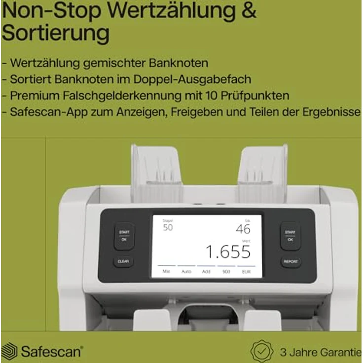 Safescan 2985-SC Geldzählmaschine, Wertzählung und Sortierung mit 10-facher Echtheitsprüfung, bis zu 1.200 Banknoten pro Minute, kostenloser Safescan-App – Bild 2