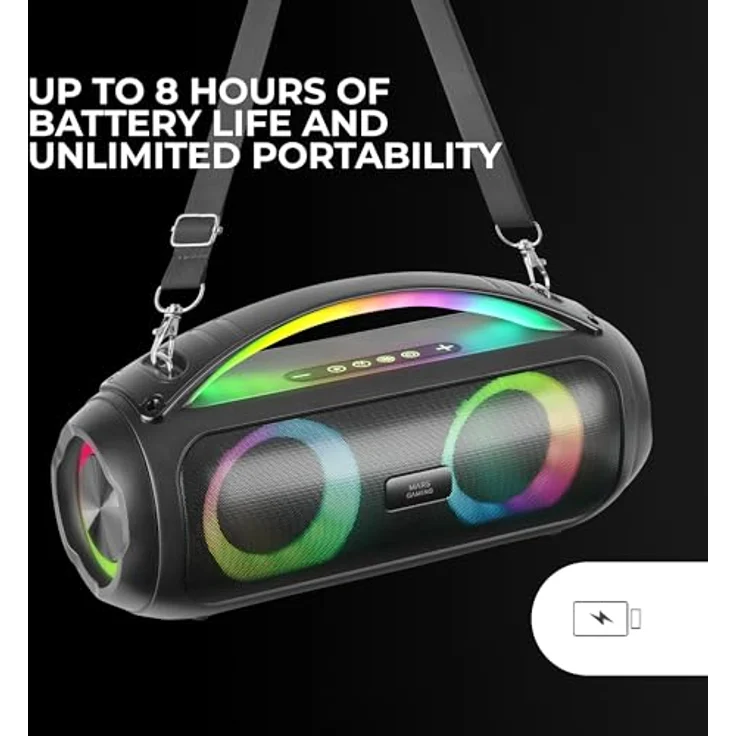 Mars Gaming MS-Pulse, Tragbarer Bluetooth-Lautsprecher mit 50W RMS, RGB-Beleuchtung, 4 Treiber (2 aktive, 2 Passiv), Freisprechfunktion, USB/MicroSD/AUX/FM, Schwarz – Bild 5