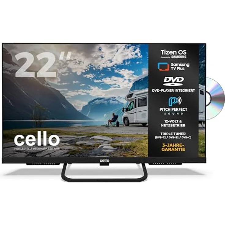 CELLO CTrav 22TZF, 22 Zoll Smart Camping LED TV mit DVD Player, Tizen OS, Triple Tuner, 12V/24V/230V Multispannung, Pitch Perfect Sound