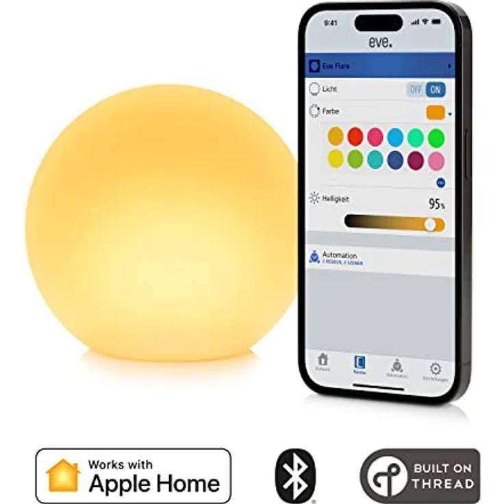 Eve Flare – Tragbare smarte LED-Kugelleuchte, wasserbeständig, weißes & farbiges Licht, 90 lm, Ø 25 cm, dimmbar, Keine Bridge nötig, Bluetooth & Thread, App-Steuerung, Apple HomeKit – Bild 2