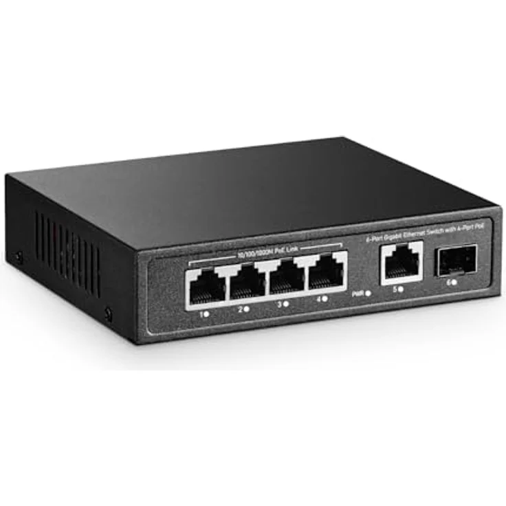 YuLinca 6 Port Mini Gigabit PoE Switch, 4 PoE+ Ports, 1 Gigabit RJ45 Uplink, 1 Gigabit SFP, max 65W, metall, lüfterloser Plug & Play Ethernet Switch – Bild 1
