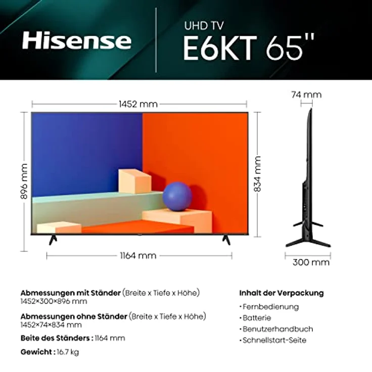 Hisense 65E6KT 164cm (65 Zoll) Fernseher, 4K UHD, HDR, Dolby Vision, Triple Tuner DVB-C/S/ S2/ T/ T2, Smart-TV, Bluetooth, WiFi, Alexa Built-In, DTS Virtual X, Hotel Mode, Schwarz [2023] – Bild 2