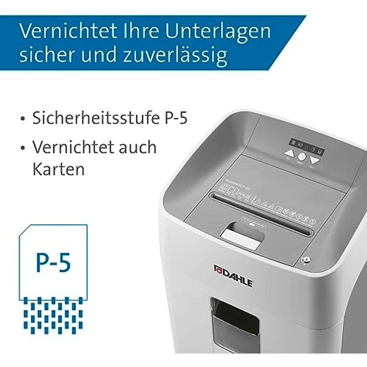 Dahle ShredMATIC 300 P5 Aktenvernichter (Autofeed 300 Blatt, 480 Minuten Laufzeit, Lange Lebensdauer, Partikelschnitt 2 x 15 mm) grau – Bild 3
