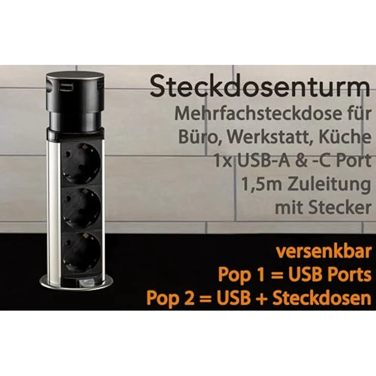 ChiliTec Versenkbare Einbausteckdose 3x Steckdose USB-A USB-C Edelstahl Rund Ladegerät Steckdosen für Schreibtisch Arbeitsplatte 230V mit 150cm Kabel Mehrfachsteckdose für Büro Küche Werkstatt Schwarz – Bild 2