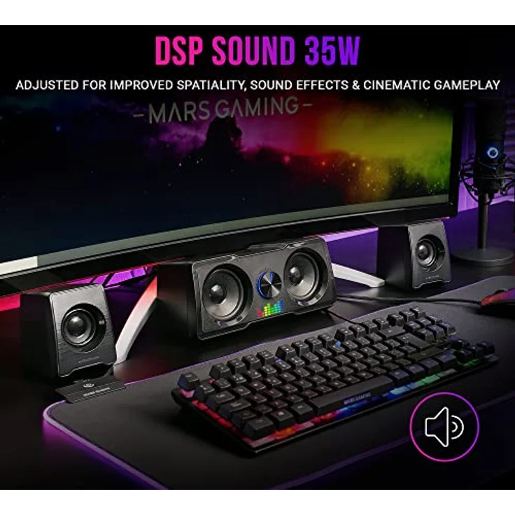 Mars Gaming MS22, Kompakte Gaming Lautsprecher 2.2, RGB Flow, Subwoofer + 4 Aktiv-Lautsprecher, DSP Sound 35W, Schwarz – Bild 3
