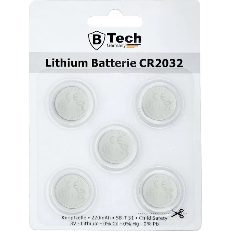 B-Tech Lithium Knopfzelle CR2032, 5er Pack, 220 mAh, 3 Volt Blister