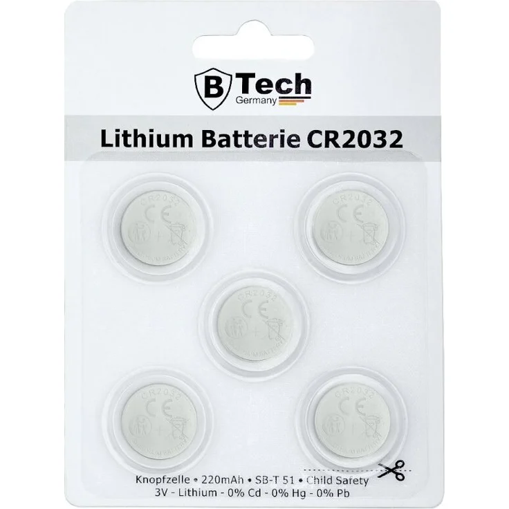 B-Tech Lithium Knopfzelle CR2032, 5er Pack, 220 mAh, 3 Volt Blister