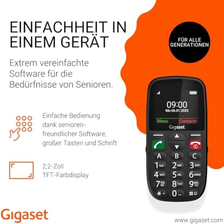 Gigaset GL395, Mobiltelefon mit 2,2 Zoll Display, SOS-Notruftaste, IP44 Schutz, schwarz – Bild 2