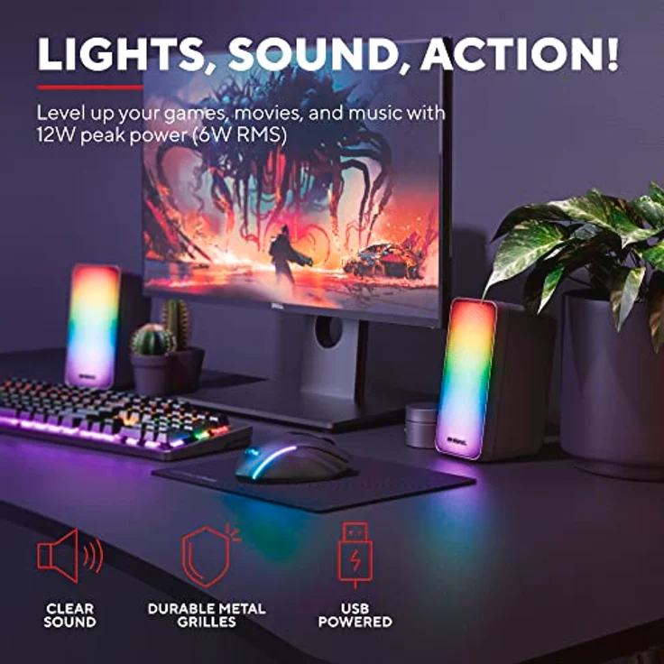 Trust Gaming GXT 611 Wezz 2.0 PC Lautsprecher mit RGB LED-Beleuchtung, 12 W (6 W RMS), 3,5 mm AUX Klinke, USB Soundsystem, Stereo Computer Boxen für PC, Laptop, Tablet, Desktop - Schwarz – Bild 2