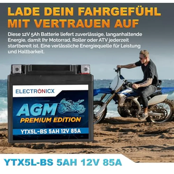 Electronicx AGM YTX5L-BS Motorradbatterie 5Ah 12V - wartungsfrei, rüttelfest, auslaufsicher für Motorrad, Roller und Quad – Bild 2