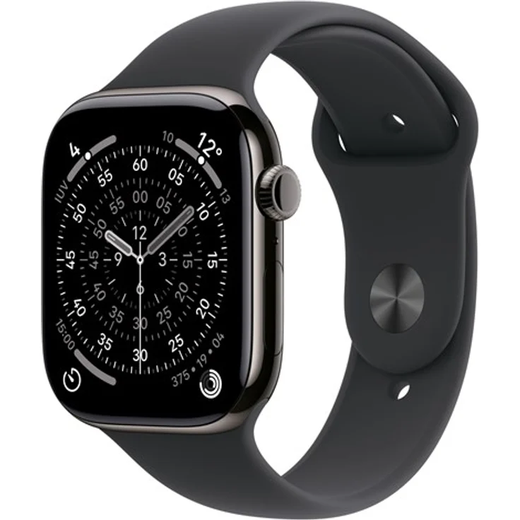 Apple Watch Series 11, GPS + Cellular 46mm, Slate Titanium Gehäuse mit schwarzem Sportband - S/M, Schlaf-Score und kratzfestem Glas