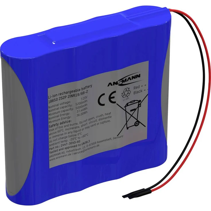 Ansmann 2S2P Akkupack 4x 18650 Li-Ion 7.2V 5200mAh mit integrierter Schutzbeschaltung und UN-Transporttest