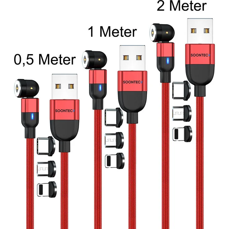 SOONTEC Magnet Ladekabel 3er Set (0,5m + 1m + 2m) drehbar 360° & 180° mit 3 Steckern (Micro USB, USB-C, Lightning) - 2,4 A, Rot