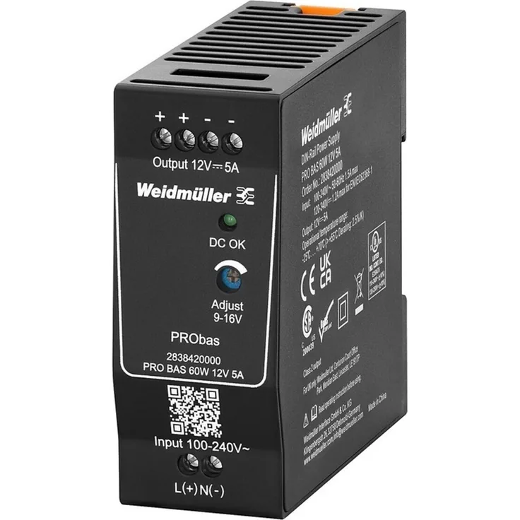 Weidmüller PRO BAS 60W 12V DC Stromversorgung, 5A, Eingang 85-264V AC, IP20, schutzisoliert