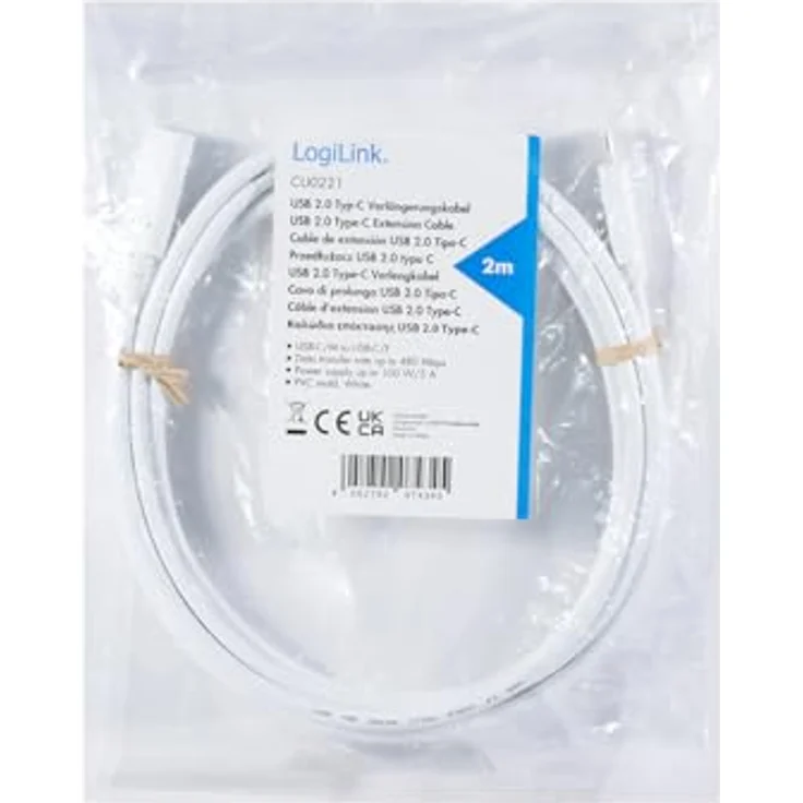 Logilink CU0221 - USB 2.0 Typ-C Verlängerungskabel mit PD Unterstützung (PowerDelivery), Weiß, 2m Kabellänge – Bild 4