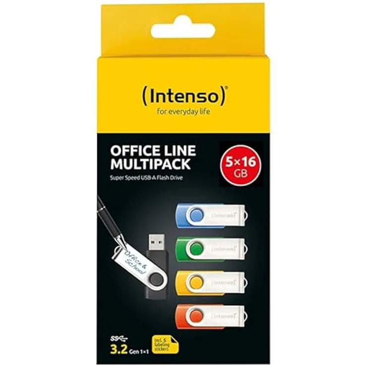 Intenso Office Line Typ-A USB-Stick 5er-Pack, 16GB Swivel, bis zu 70 MB/s, USB 3.2 Gen 1x1, in Gelb, Grün, Schwarz, Blau und Orange mit Beschriftungsetiketten – Bild 3