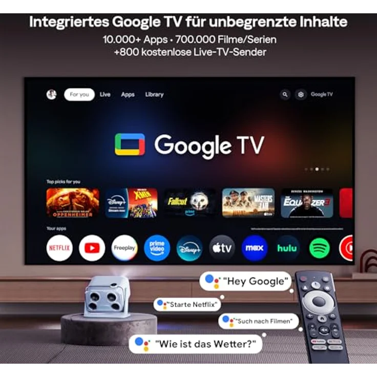 Aurzen Boom Mini 4-in-1 Smart Beamer mit Google TV, 4K Unterstützung, 500 ANSI Lumen, 20W Dolby Audio, ToF Autofokus, Trapezkorrektur, WLAN/Bluetooth, kompakt, Blau – Bild 2