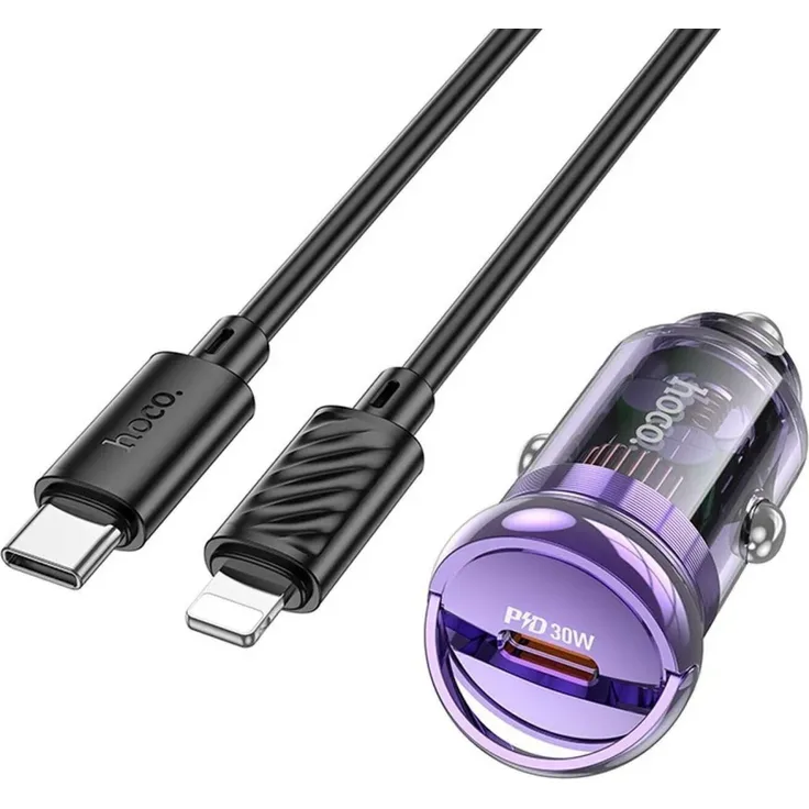 Hoco Autoladegerät USB-C + Kabel USB-C kompatibel mit iPhone PD 30W Lila, Schnellladefunktion, universaler USB-C Anschluss