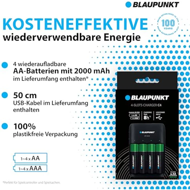 Blaupunkt Standard Ladegerät für 1-4 NI-MH Akkus, inklusive 4 AA Blaupunkt Akkus, LCD-Ladestatusanzeige, 8-10 Stunden Ladezeit – Bild 2