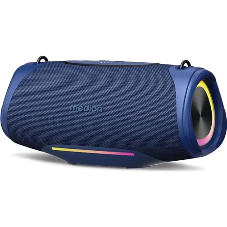 MEDION P61762 tragbarer Bluetooth Lautsprecher (Akku, Bass Boost, RGB Lichteffekte, IPX7 Wasserschutz & robust, integrierte Powerbank, 2X 25 W RMS) Blau