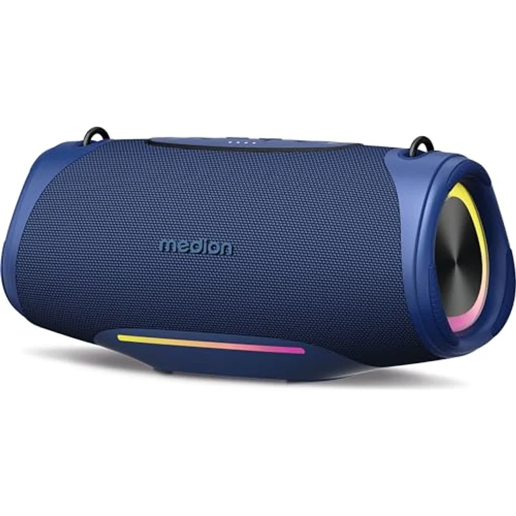 MEDION P61762 tragbarer Bluetooth Lautsprecher (Akku, Bass Boost, RGB Lichteffekte, IPX7 Wasserschutz & robust, integrierte Powerbank, 2X 25 W RMS) Blau – Bild 1