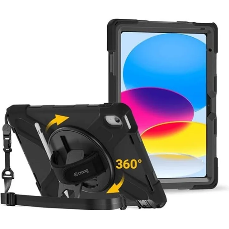 CRONG Defender Plus - Rugged Case für iPad 11" A16 (2025) / 10.9" (2022) - Schwarz, mit verstärkten Ecken und 360° drehbarem Griff, inkl. Staubstopfen und integriertem Ständer