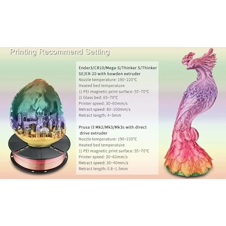 ERYONE Ultra Shiny Silk PLA Filament, 1.75mm Multicolor Rainbow mit Metal Luster, 1kg Spule, für 3D Drucker, Temperaturbereich 190-210℃ – Bild 5