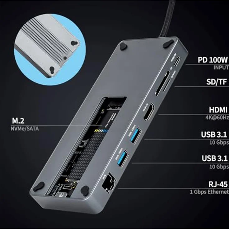 Reagle 10-in-1 USB-C Hub mit M.2 SSD-Gehäuse, 4K@60Hz HDMI, 100W PD, 10Gbps USB 3.2 Gen 2, RJ45 Gigabit Ethernet, SD/microSD Kartenleser – Aluminiumgehäuse, kompatibel mit Windows, MacOS, Android, NVMe/SATA NGFF SSDs – Bild 2