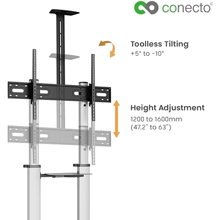 conecto TV Ständer Standfuß rollbar 60-100 Zoll für viele Fernseher/Monitore I Mit Rollen höhenverstellbar/schwenkbar/drehbar I Modell LM-FS03E - Silber/Schwarz – Bild 3