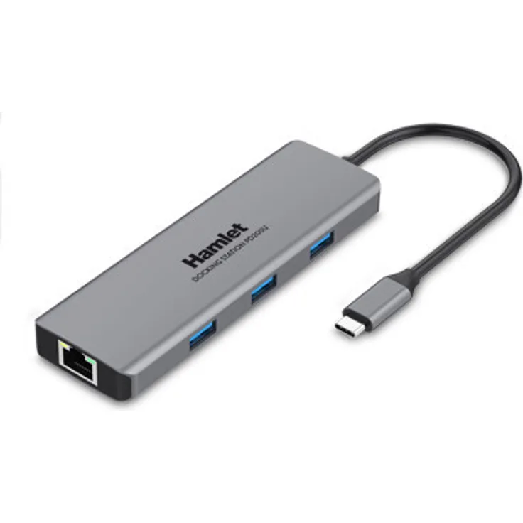Hamlet HDKC-PD200 Dockingstation für Notebooks, USB 3.2 Gen 1, 4x USB-C, 3x USB-A, RJ45, HDMI, grau