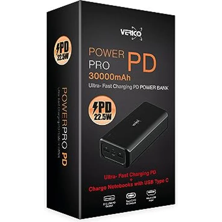 VERICO Power Bank Power Pro PD 30000 mAh Power Delivery, LiPo Lithium Polymer, externer Akku, externes Ladegerät, Output: 2 x USB-A und 1 x USB-C, Input: 1 x Micro-USB und 1 x USB-C, schwarz – Bild 4