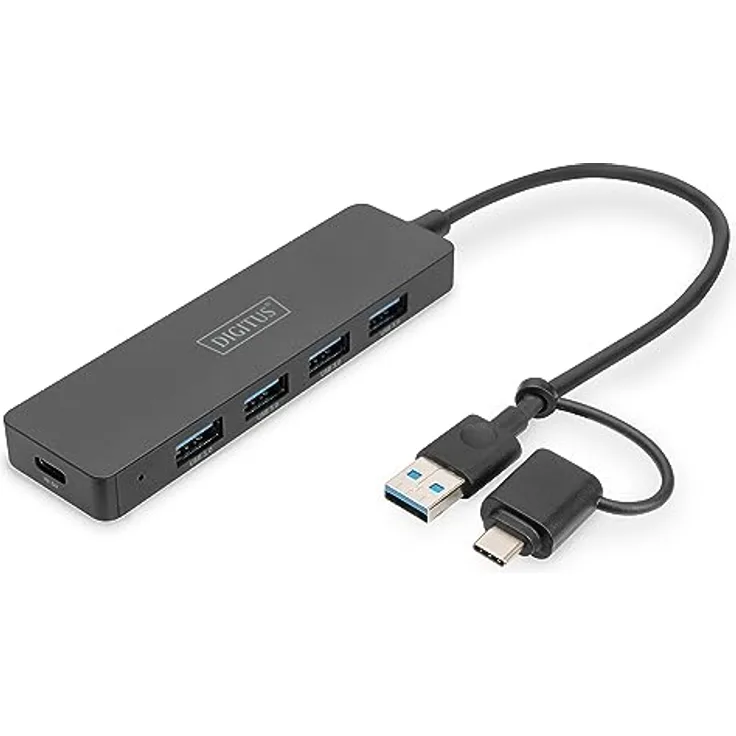 DIGITUS Slim Line 4 Port USB 3.0 Hub - 4X USB-A - 1x USB-C Stromanschluss - bis zu 5 Gbps - inkl. USB-A auf USB-C-Adapter - 0,2m Kabellänge - schwarz