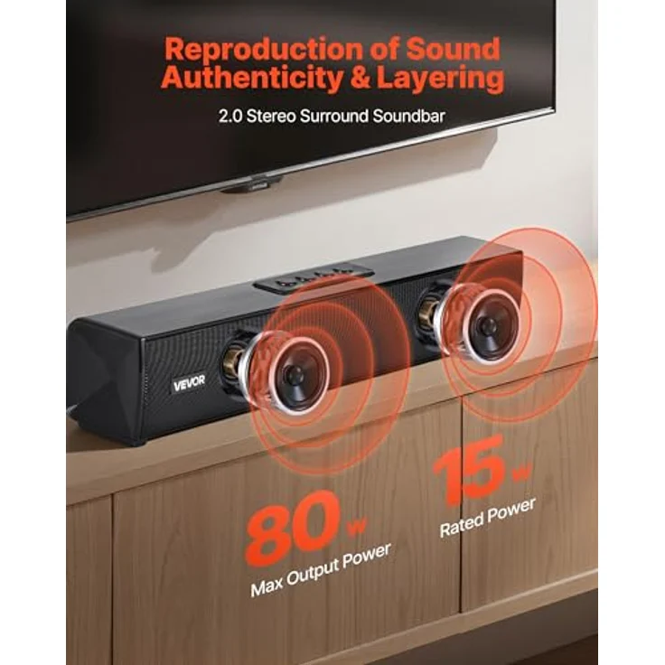VEVOR Soundbar 2.0-Kanal, 450 mm kompakte TV-Lautsprecher mit Bluetooth 5.0, 80-W-Surround-Soundsystem und Fernbedienung für Heimkino-Audio – Bild 2