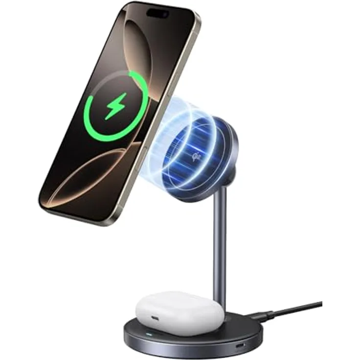 UGREEN MagFlow Qi2 15W iPhone Ladestation, kabelloses Ladegerät MagSafe-Kompatibel, 90° verstellbar, für iPhone 16/15/14/13/12, AirPods 4/3, 1M Kabel