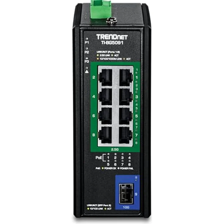 TRENDnet TI-BG5091, 9-Port 2,5G DIN-Rail PoE++ Switch mit 10G SFP+ Port, 8 x 2,5G PoE++ Ports, 480W PoE, IP50 Gehäuse – Bild 4